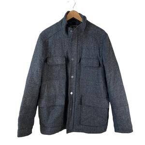 DKNY Mens Wool Blend Herringbone Full Zip Coat Jacket Black Small Classic Career